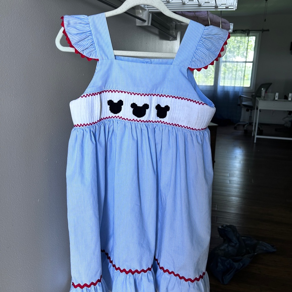 Smocked Disney Mickey Mouse Blue and White Kids Dress with Red Trim